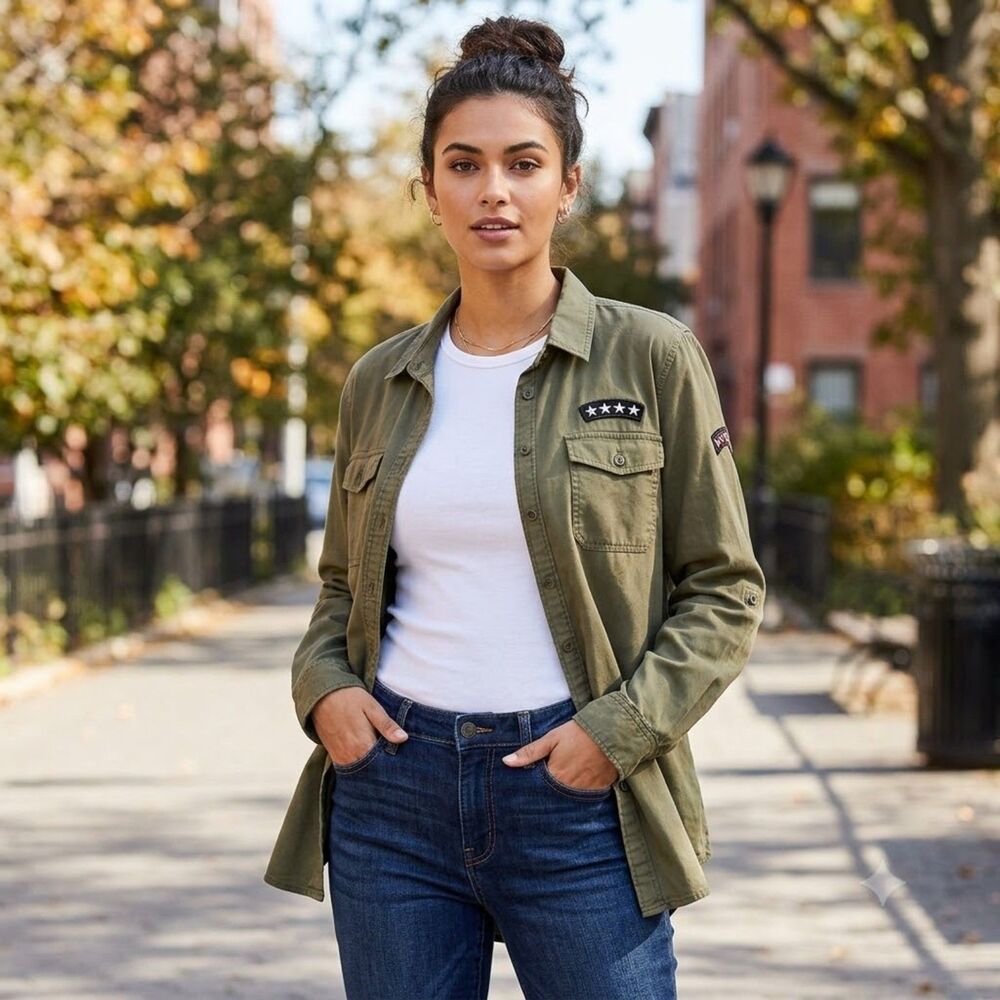 Tommy Hilfiger Army Olive Green Military Button Front Shirt Large Relaxed Fit